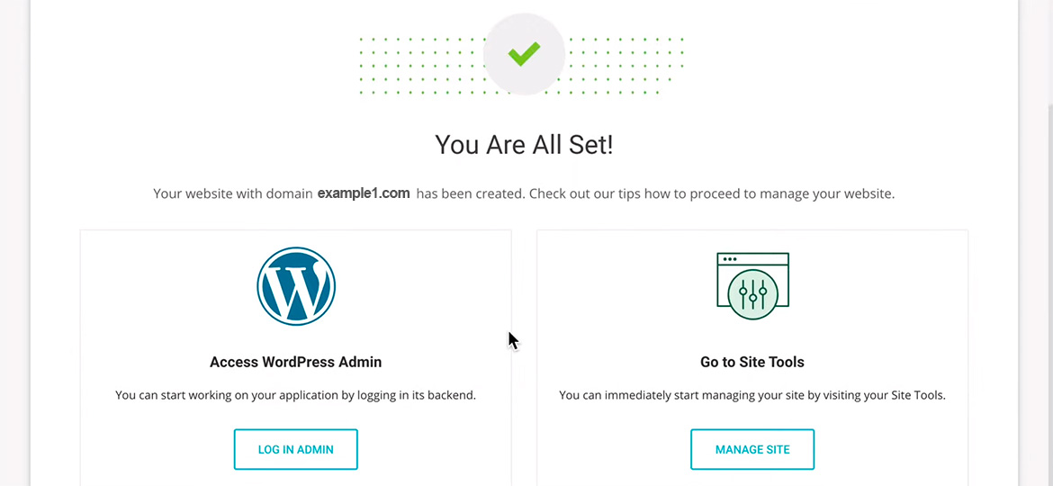 You are all set! Your Website has been created screen.
