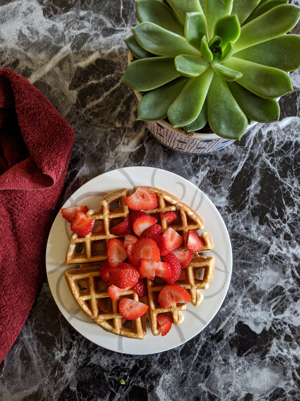 Waffle with Strawberries - Flat lay food photography 